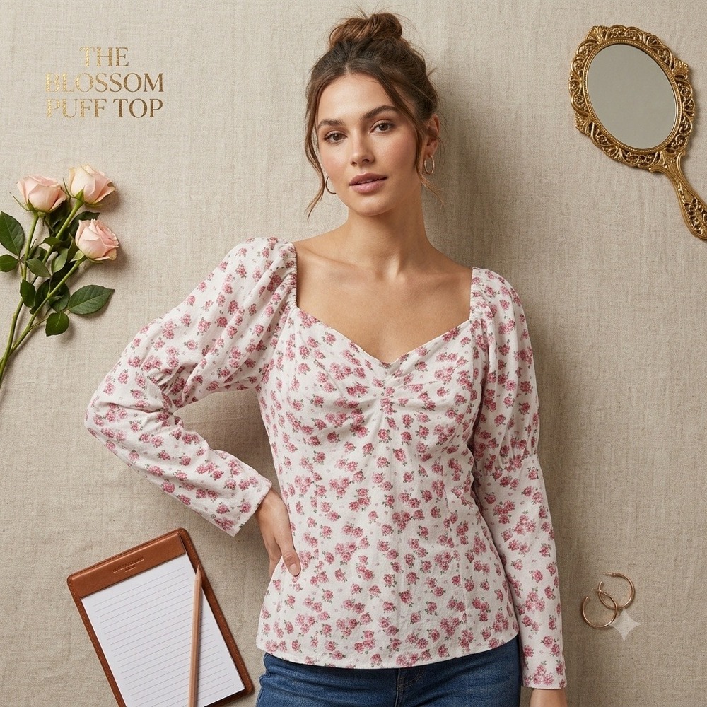Cliche Peasant Cottage Ren Fair Floral Rose Smocked Puff Sleeve Sweetheart Top M